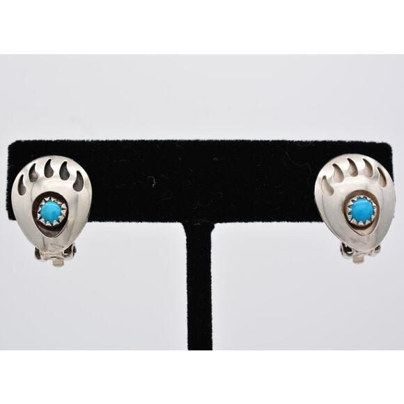 Vintage Bear Paw Clip On Earrings Sterling Silver Turquoise Inlay UNSIGNED 9D - Picture 1 of 12